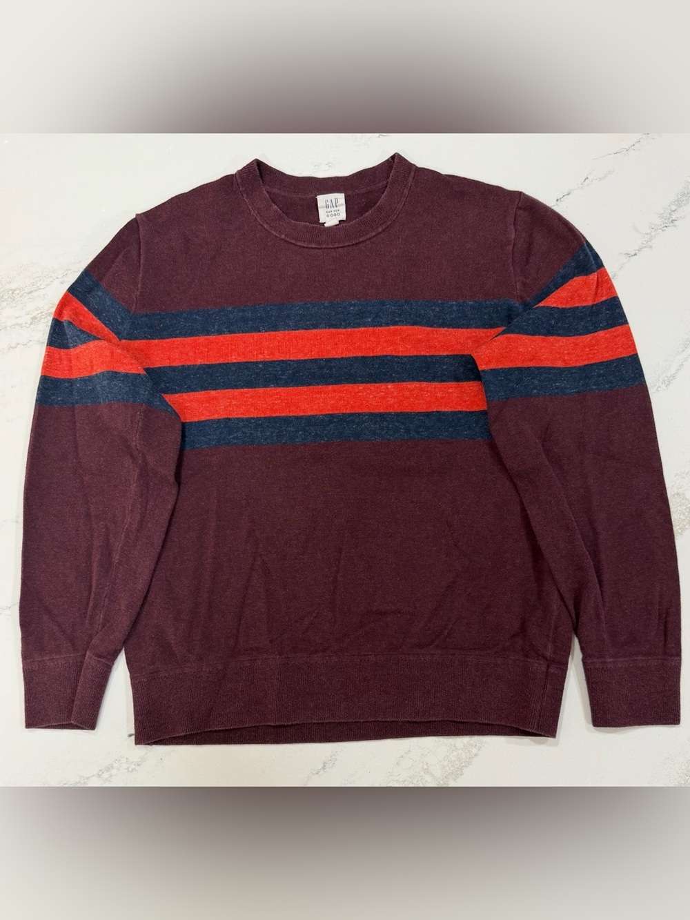 Gap - Men's Pullover Crewneck Sweater | Burgundy, Red & Navy Stripes | Size M